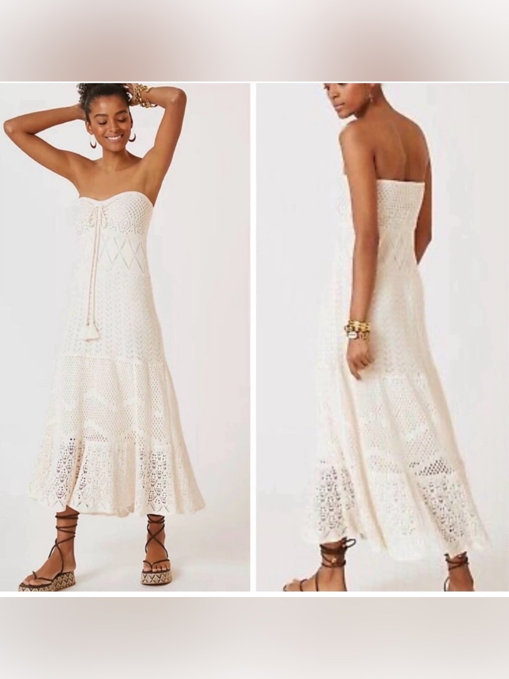 Farm Rio Anthropologie Summer Cream Strapless Crochet Dress Size Medium EUC - Picture 5 of 15